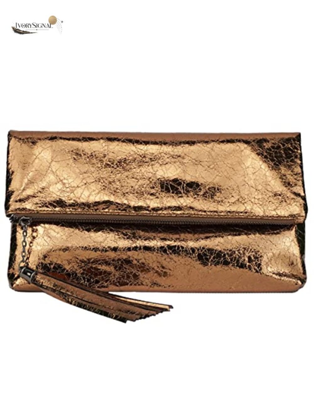 Cracked Metallic Foldover Clutch with Tassel Detachable Chain